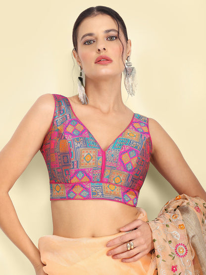 Woven Blue Multi Colour Design Saree Blouse