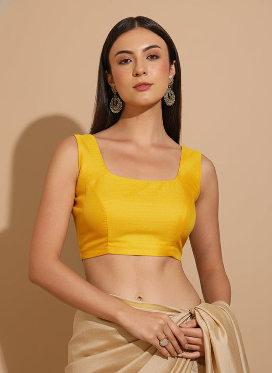 Raw Silk Yellow Padded Round Neck Saree Blouse