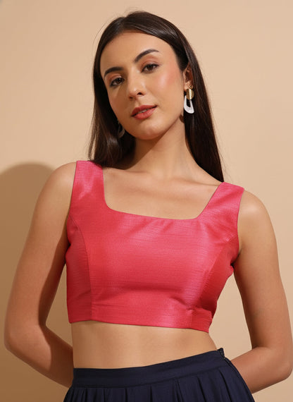 Raw Silk Peach Padded Round Neck Saree Blouse