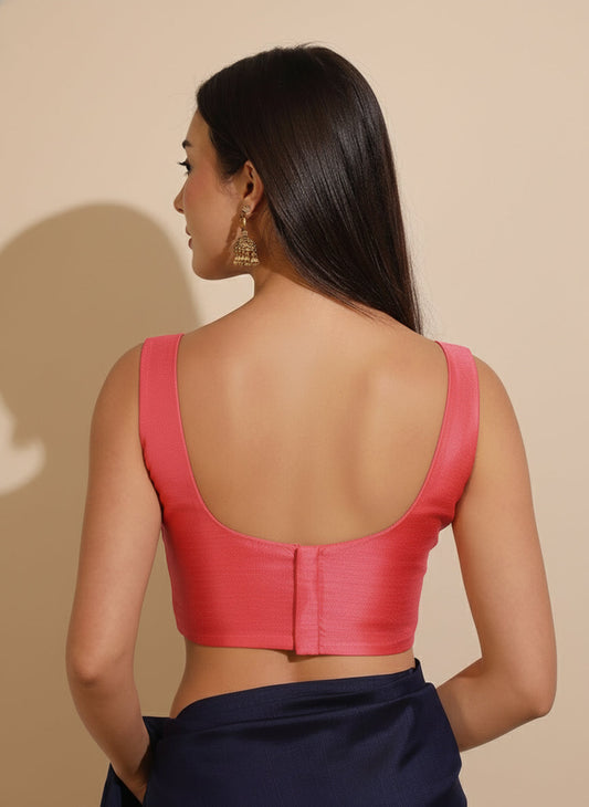 Raw Silk Peach Padded Round Neck Saree Blouse
