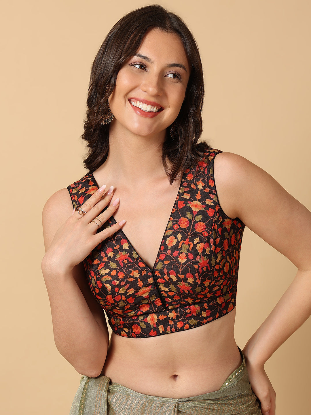 'Chitra' Printed V Neck Saree Blouse