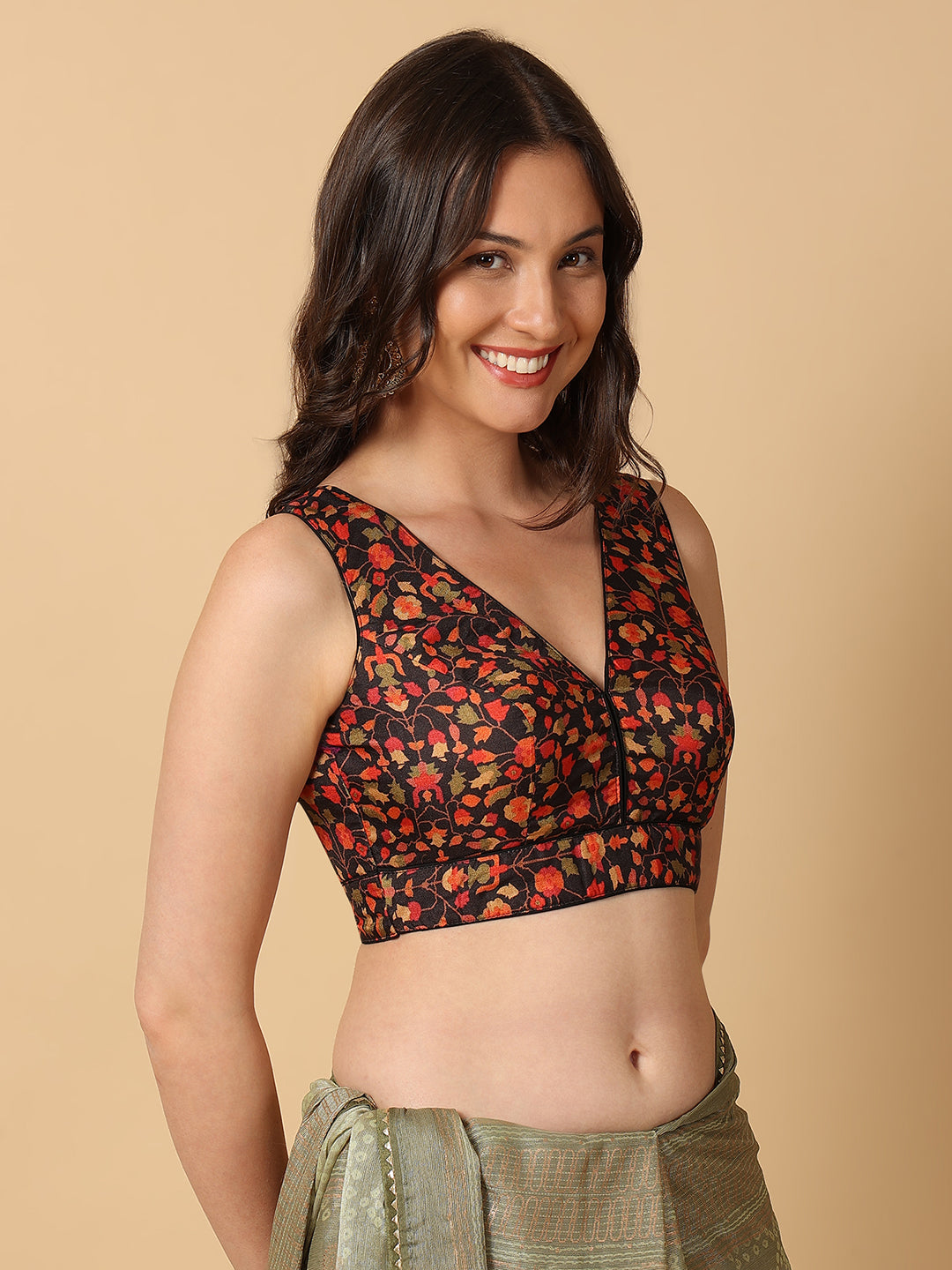 'Chitra' Printed V Neck Saree Blouse