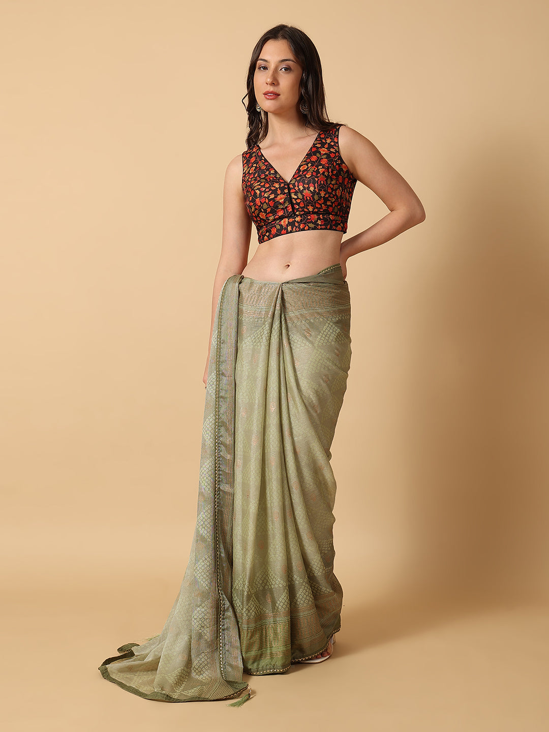 'Chitra' Printed V Neck Saree Blouse