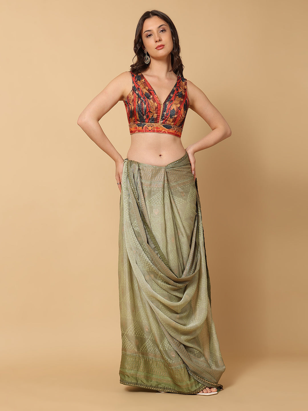 'Chitra' Printed V Neck Saree Blouse