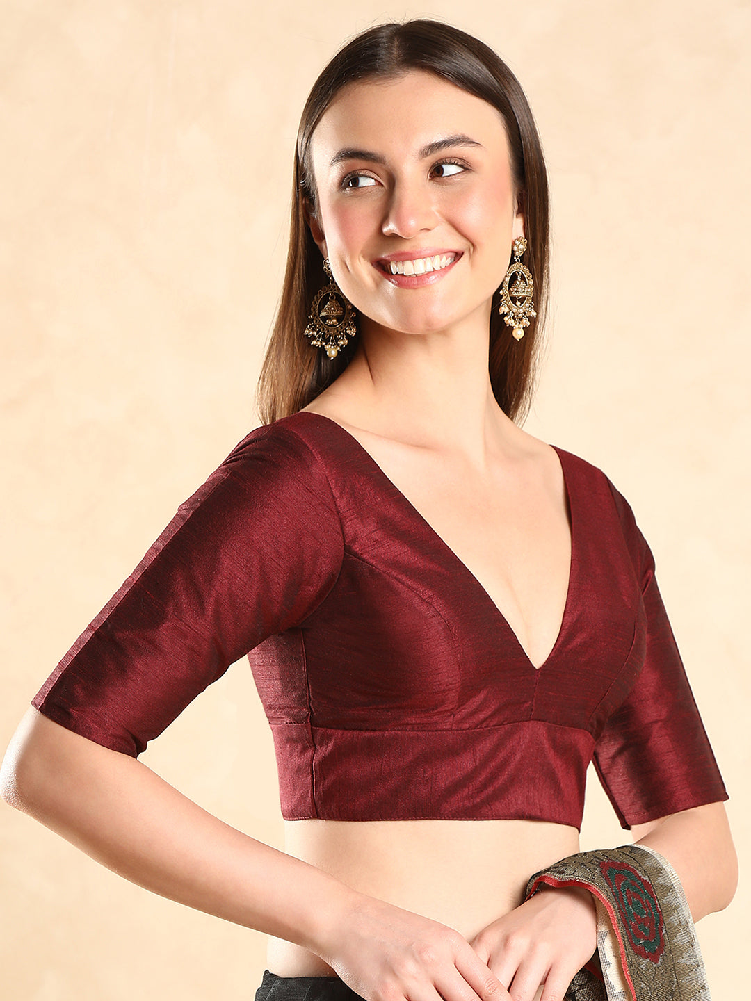 Padded V Neck Silk Saree Blouse