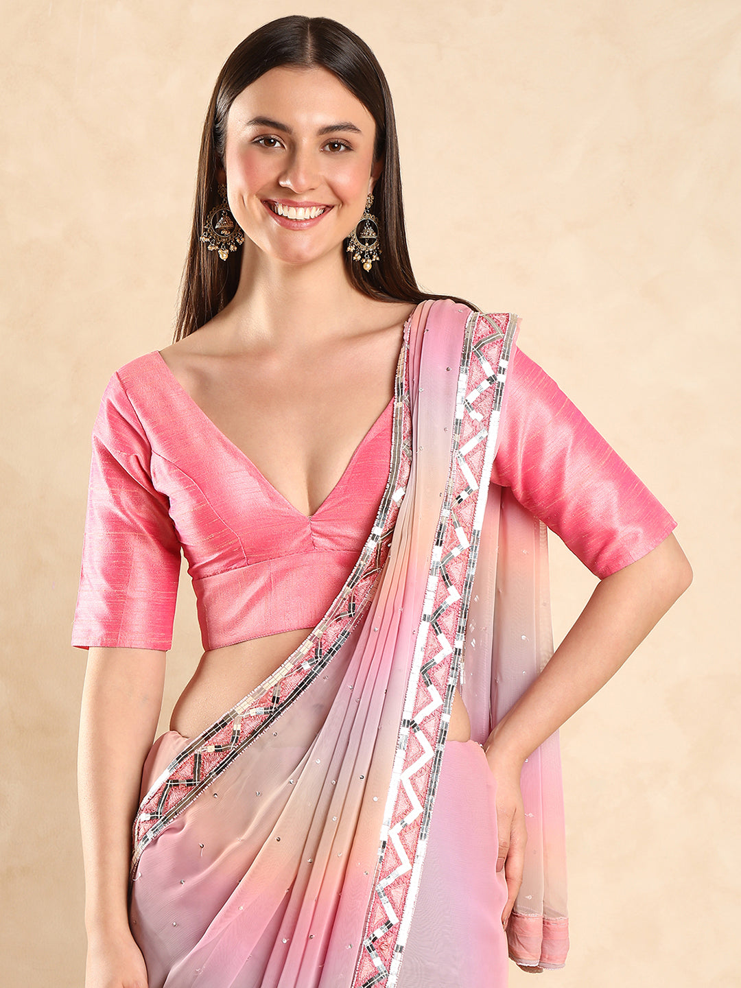Padded V Neck Silk Saree Blouse