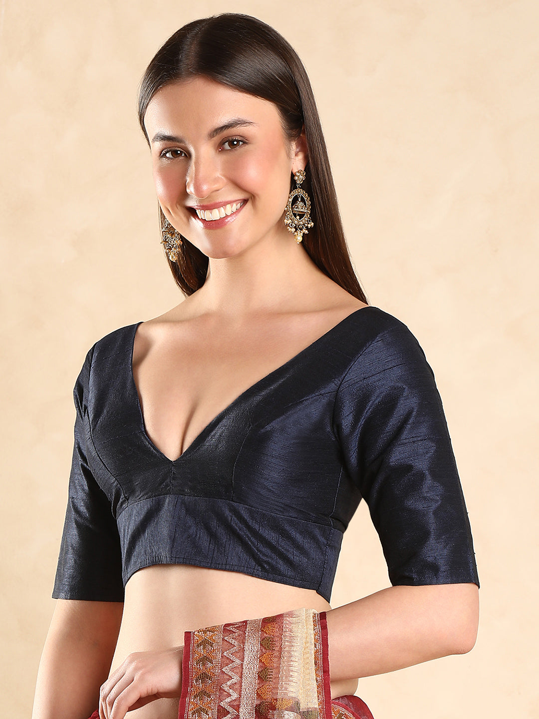 Padded V Neck Silk Saree Blouse