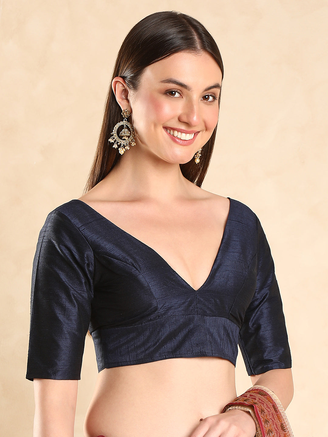 Padded V Neck Silk Saree Blouse