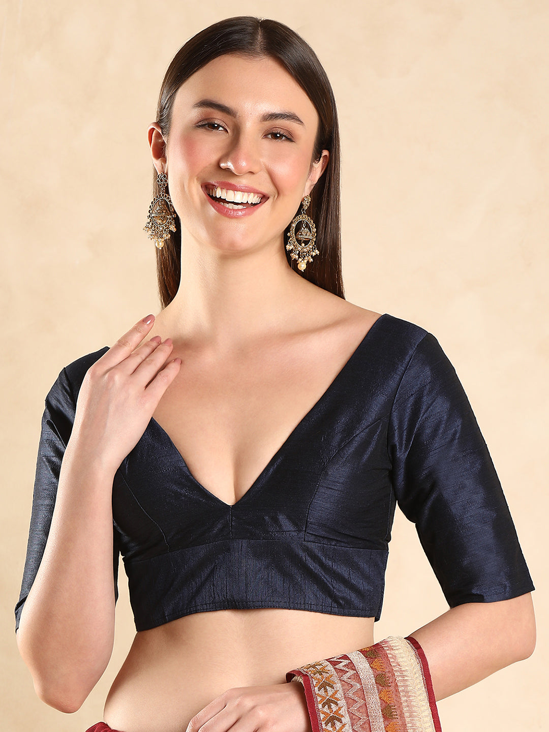 Padded V Neck Silk Saree Blouse