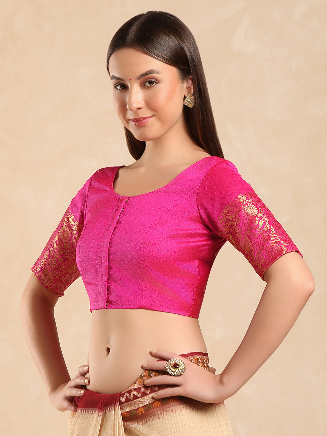 Pink woven, padded, short sleeves saree blouse