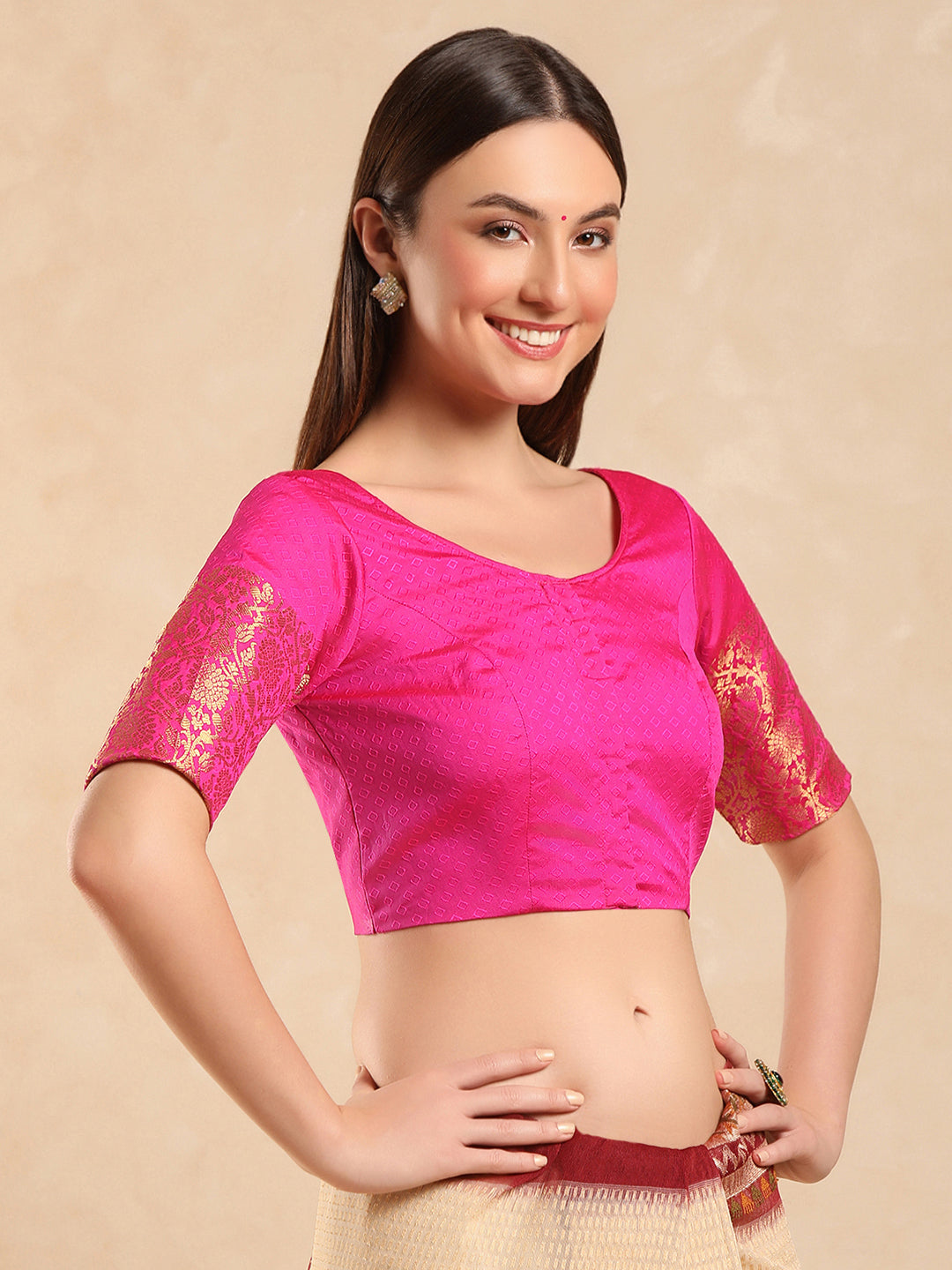Pink woven, padded, short sleeves saree blouse