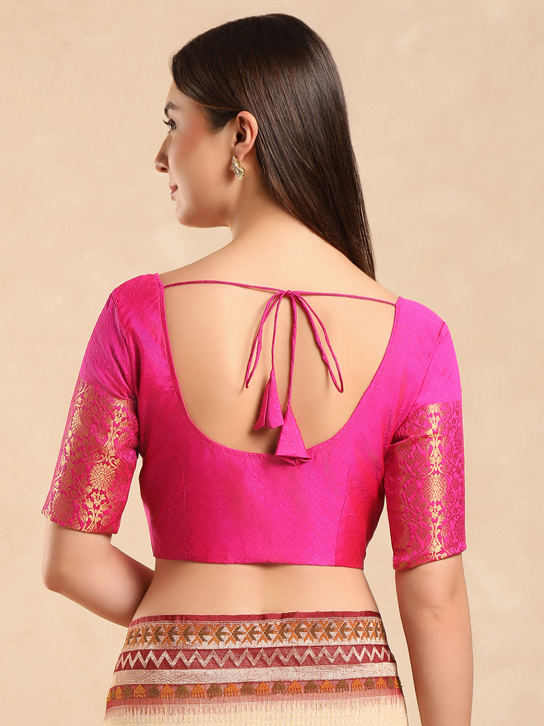 Pink woven, padded, short sleeves saree blouse