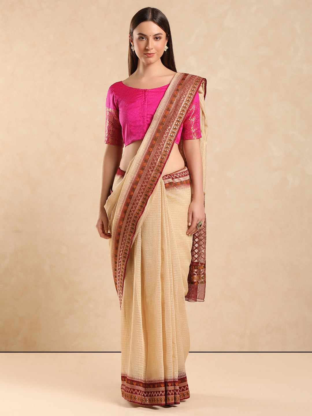 Pink woven, padded, short sleeves saree blouse