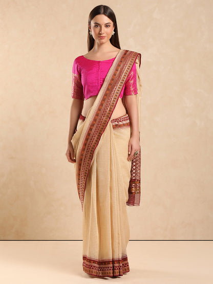 Pink woven, padded, short sleeves saree blouse