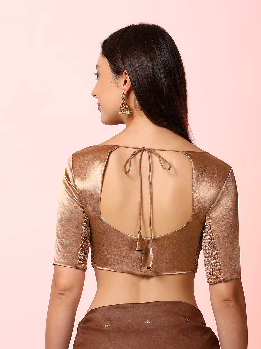 Plain Solid Dark Gold Stretchable Smocked Readymade Saree Blouse