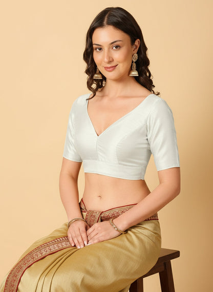 V Neck Raw Silk Solid Saree Blouse