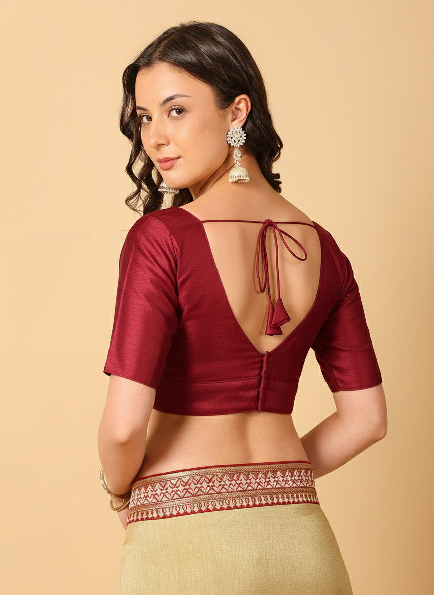 V Neck Raw Silk Solid Saree Blouse